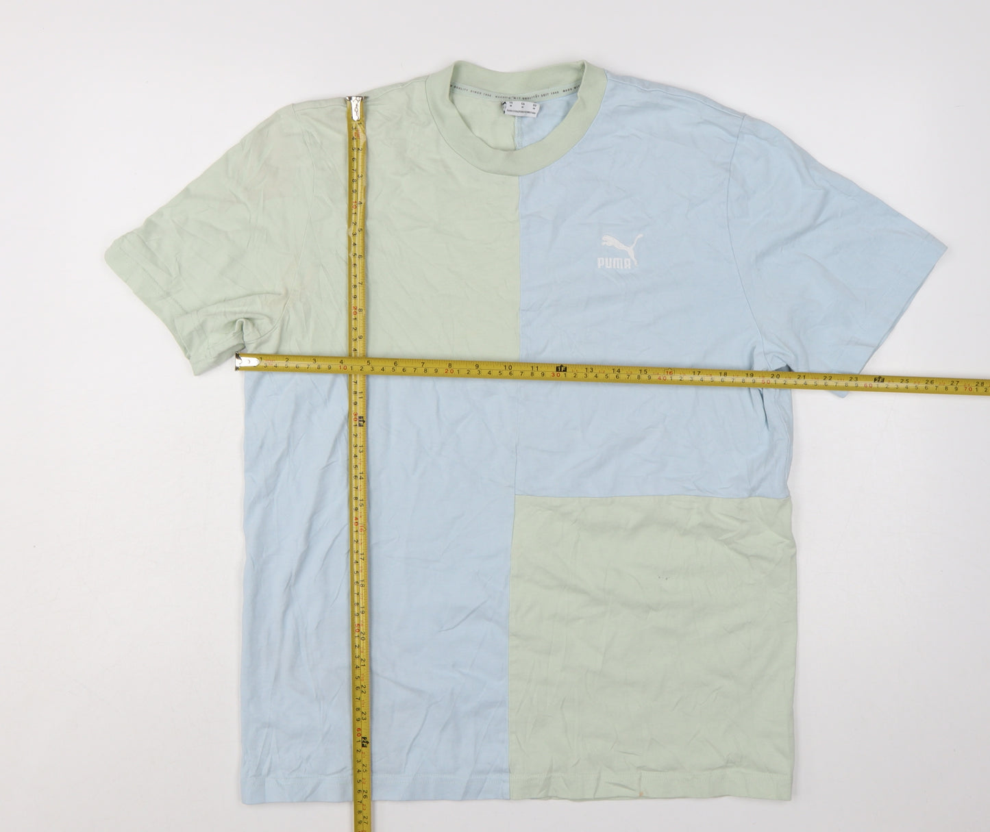 Puma Men's Blue Green Colourblock Crew Neck Cotton T-Shirt Size M