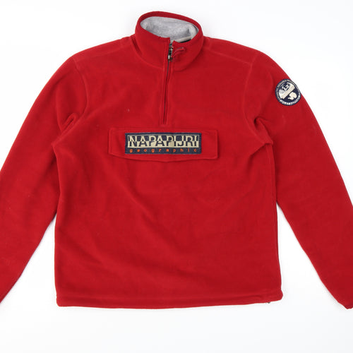 Napapijri Men's Red Fleece 1/4 Zip Pullover Sweatshirt L