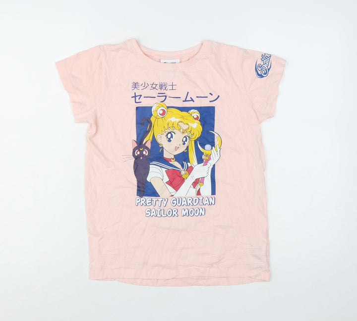Sailor Moon Girls Pink Graphic Cotton T-Shirt Size 158 Short Sleeve Anime Top