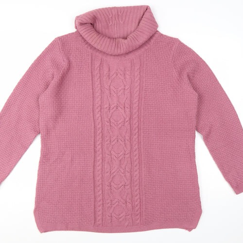 Isle Essentials Women’s Pink Cable-Knit Roll Neck Jumper Size L 18-20