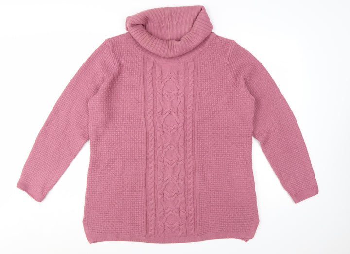 Isle Essentials Women’s Pink Cable-Knit Roll Neck Jumper Size L 18-20