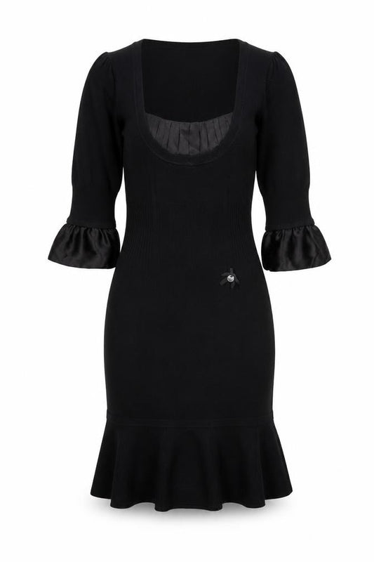Front view of Karen Millen Women’s Black Bodycon Knit Dress, size UK 8, Half Sleeve