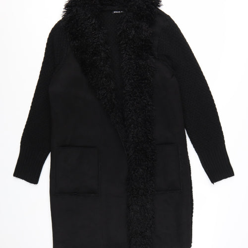 Roman Women's Black Faux Fur Trim Knit Coatigan Size 10
