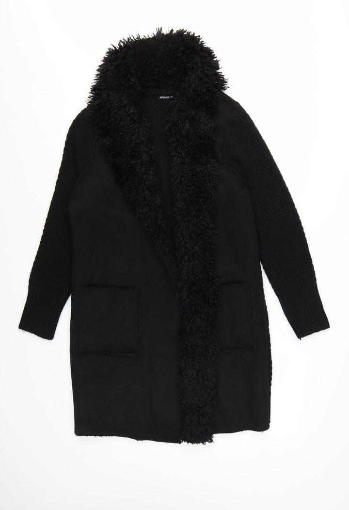 Roman Women's Black Faux Fur Trim Knit Coatigan Size 10