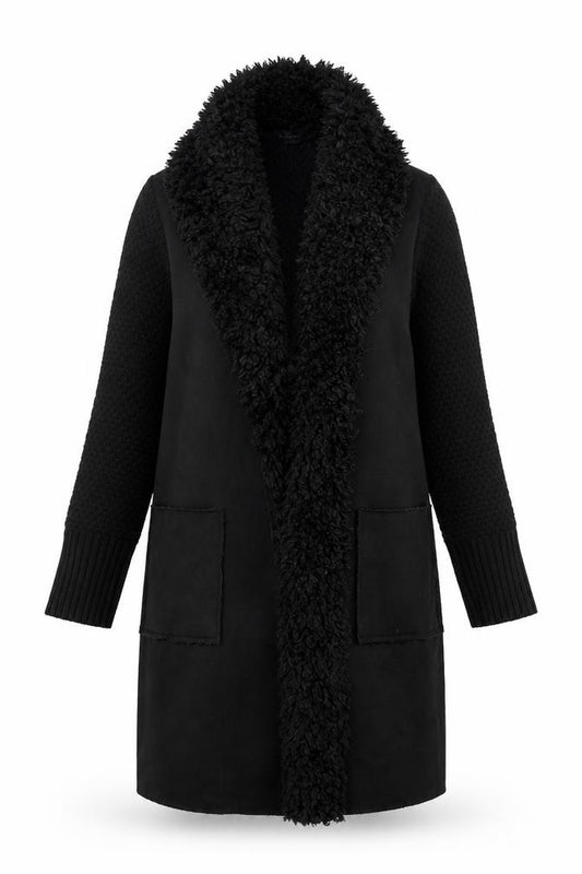 Front view of Roman Women's Black Faux Fur Trim Knit Coatigan, size 10