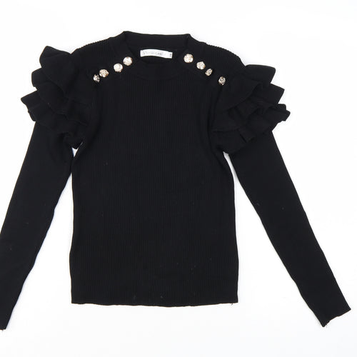 Venessa Nucci Womens Black Ruffle Jewel Pullover Jumper Size S