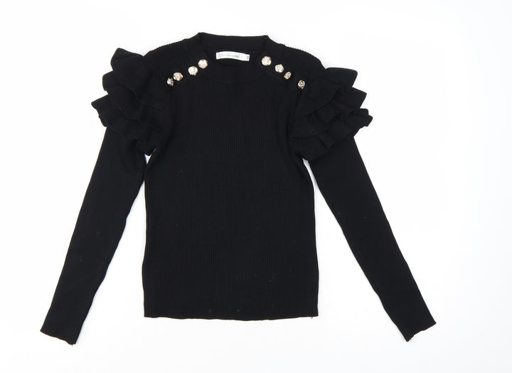 Venessa Nucci Womens Black Ruffle Jewel Pullover Jumper Size S