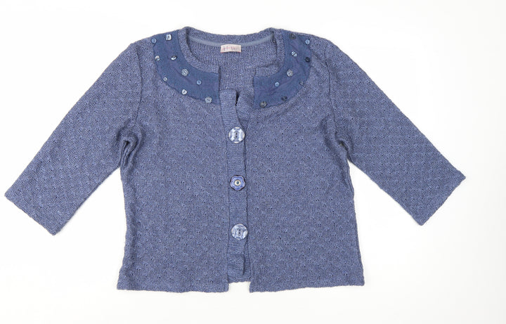 Marks and Spencer Per Una Blue Cardigan Women Large Beaded Knit 3/4 Sleeve