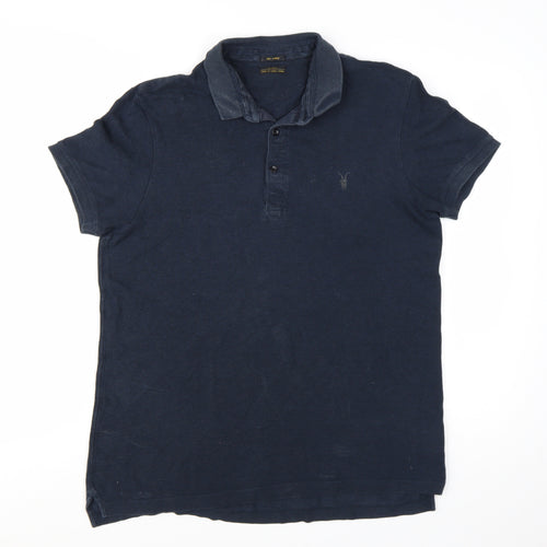 AllSaints Men's Blue Cotton Short Sleeve Polo Shirt Size L