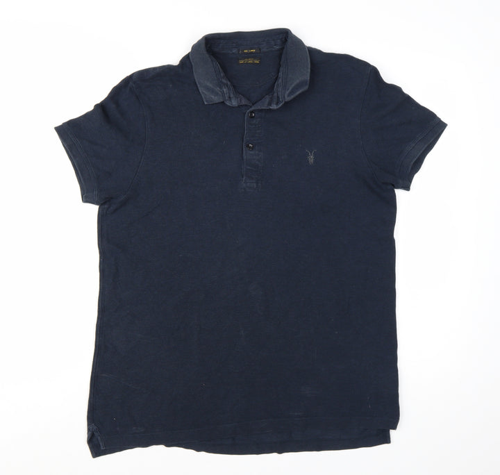 AllSaints Men's Blue Cotton Short Sleeve Polo Shirt Size L