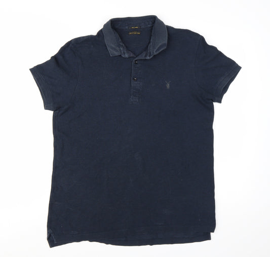 AllSaints Men's Blue Cotton Short Sleeve Polo Shirt Size L