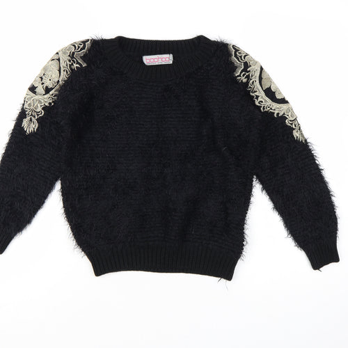 Boohoo Women’s Black Embroidered Shoulder Fluffy Knit Jumper S