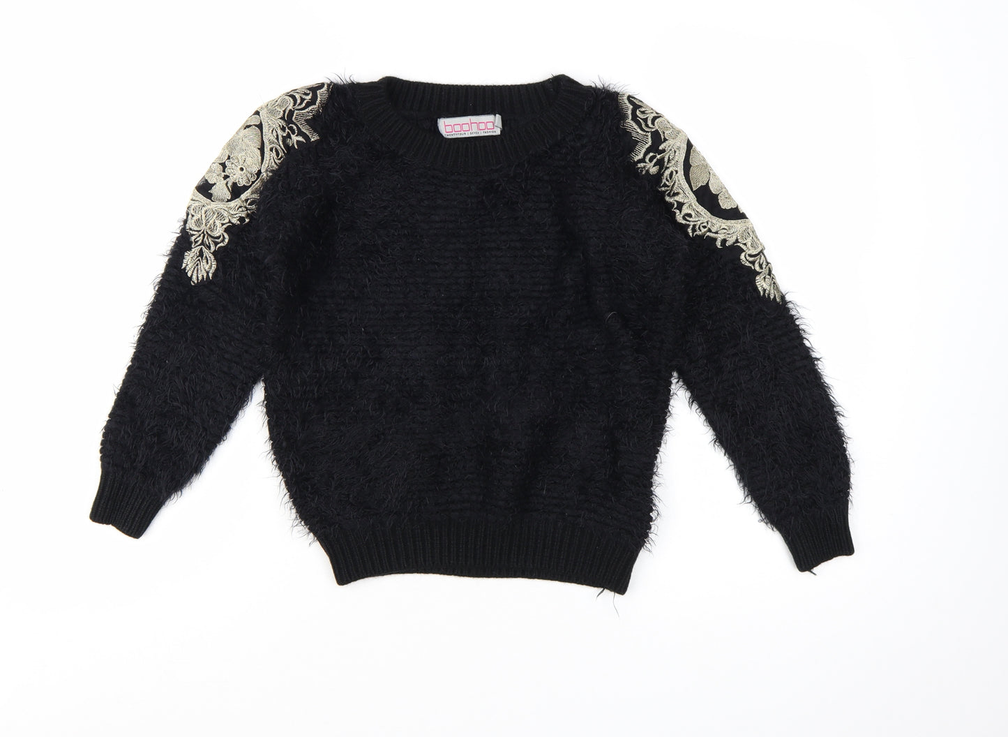 Boohoo Women’s Black Embroidered Shoulder Fluffy Knit Jumper S