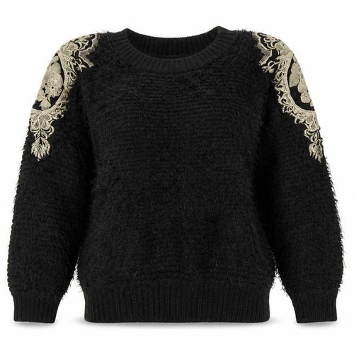 Boohoo Women’s Black Embroidered Shoulder Fluffy Knit Jumper S