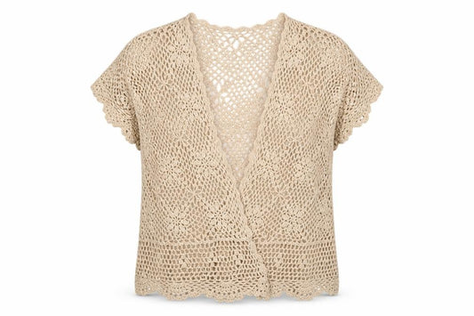 Front view of BHS Women Beige Crochet Cotton Open Blouse Top, size 20-22
