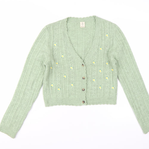 Urban Outfitters Women Green Floral Button Cardigan L Knit V-Neck