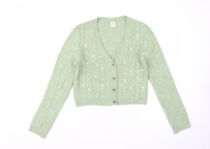 Urban Outfitters Women Green Floral Button Cardigan L Knit V-Neck