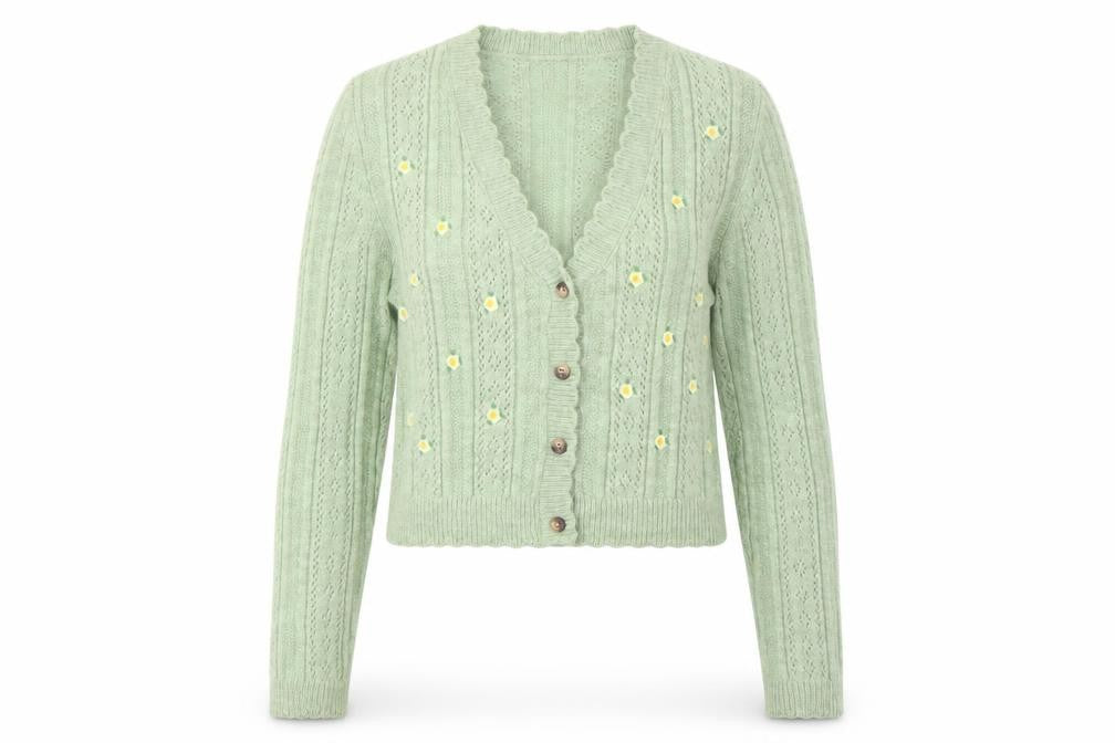 Urban Outfitters Women Green Floral Button Cardigan L Knit V-Neck