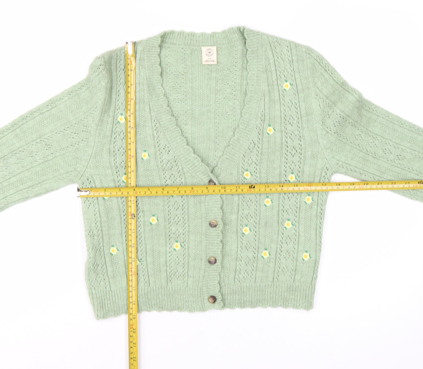 Urban Outfitters Women Green Floral Button Cardigan L Knit V-Neck
