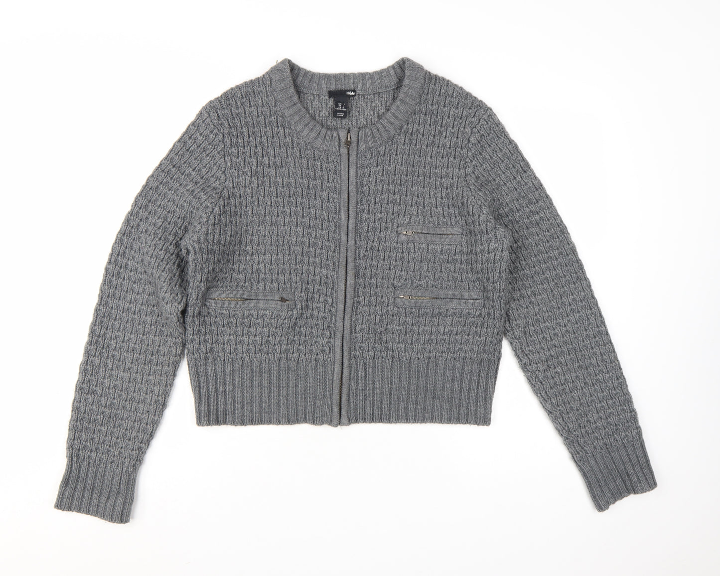 H&M Women's Grey Full Zip Knit Cardigan Size L Classic Style