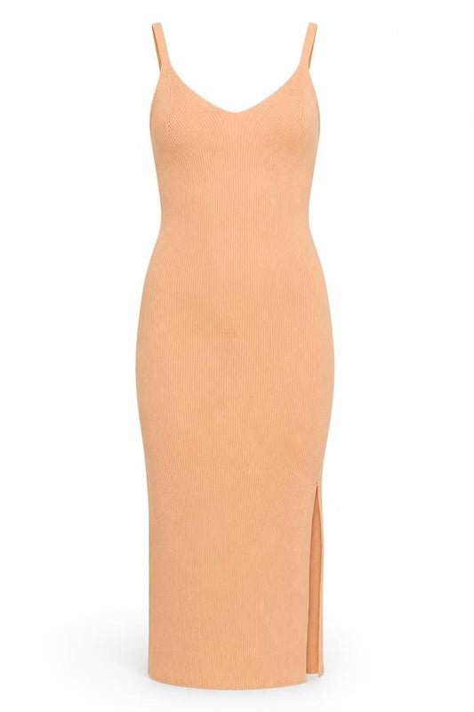 Front view of ASOS Women Beige, size 8, Ribbed Bodycon Midi Dress