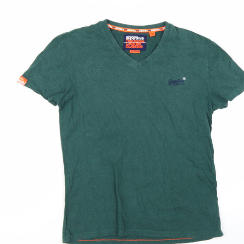 Superdry Men Green V-Neck Short Sleeve Slim Fit Cotton T-Shirt M