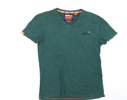 Superdry Men Green V-Neck Short Sleeve Slim Fit Cotton T-Shirt M