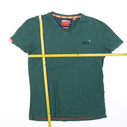 Superdry Men Green V-Neck Short Sleeve Slim Fit Cotton T-Shirt M