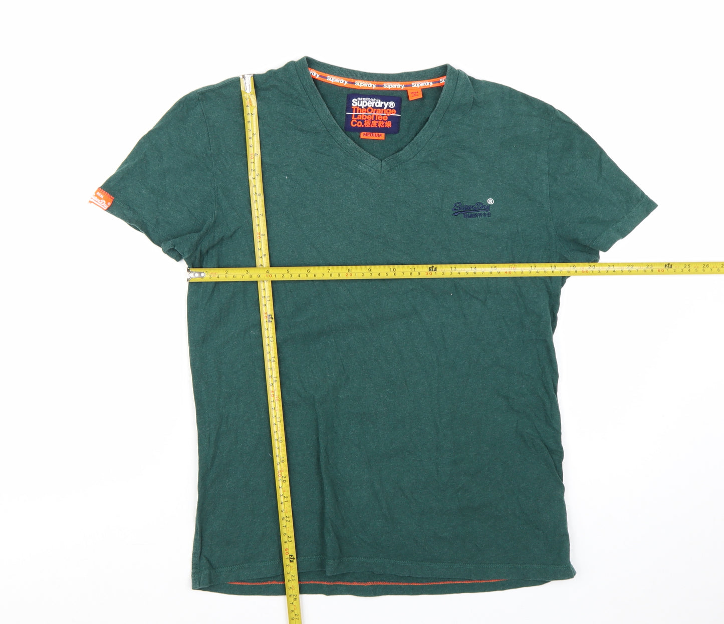 Superdry Men Green V-Neck Short Sleeve Slim Fit Cotton T-Shirt M