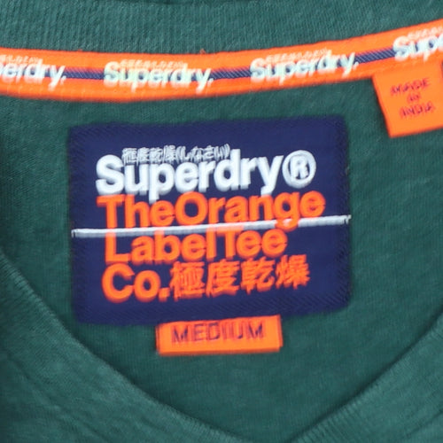 Superdry Men Green V-Neck Short Sleeve Slim Fit Cotton T-Shirt M