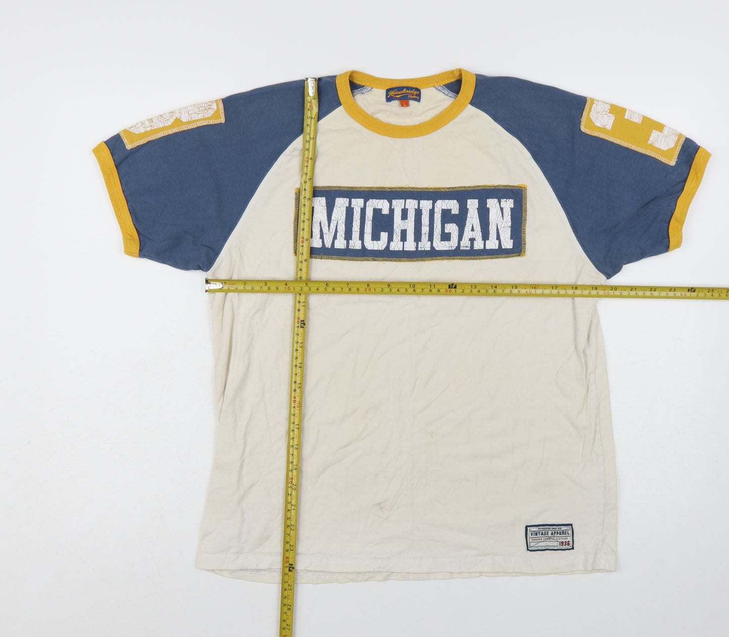 Hawkridge Men’s Beige Blue Yellow Michigan Vintage T-Shirt L