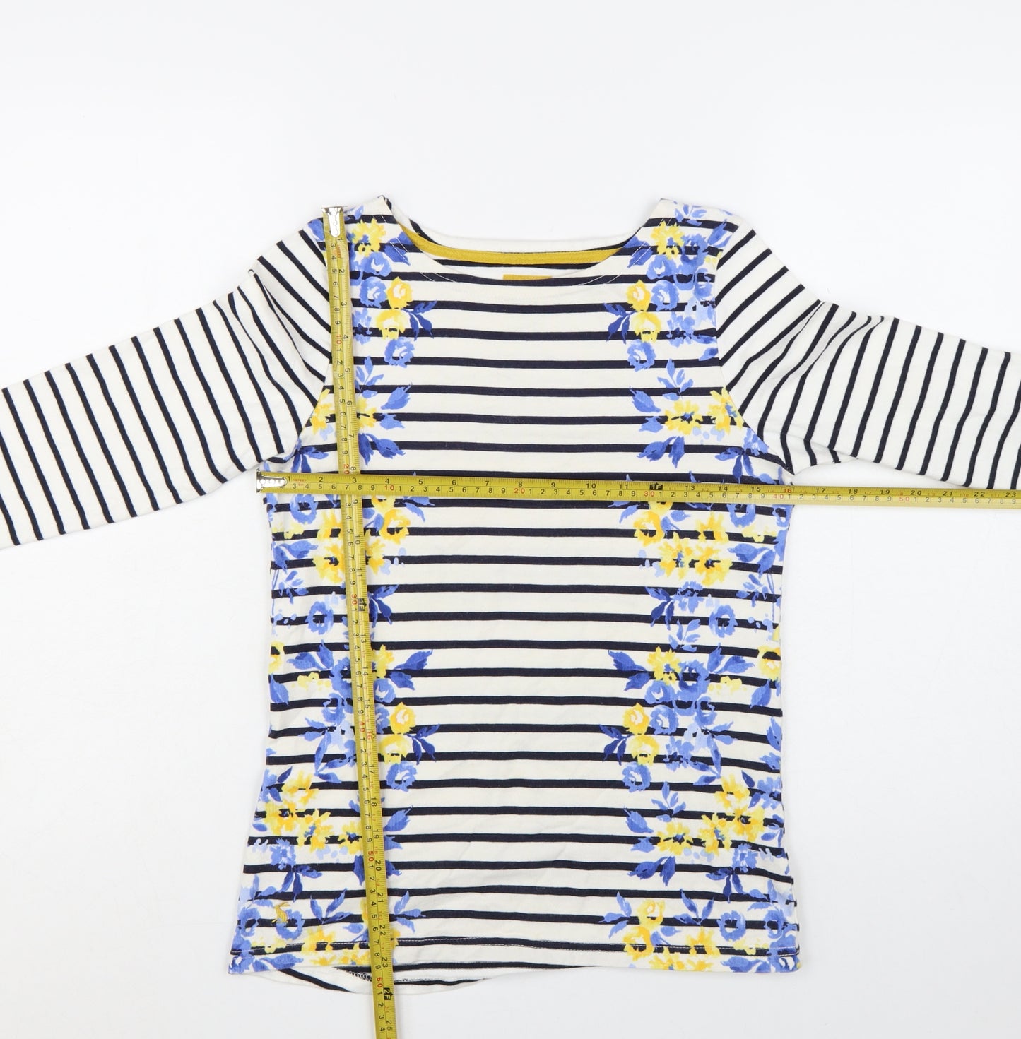 Joules Women's Multicoloured Striped Floral 3/4 Sleeve Cotton T-Shirt Size 8