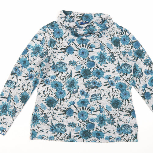 Cotton Traders Women Blue Floral Roll Neck Long Sleeve Top Size 14