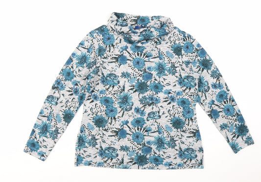 Cotton Traders Women Blue Floral Roll Neck Long Sleeve Top Size 14