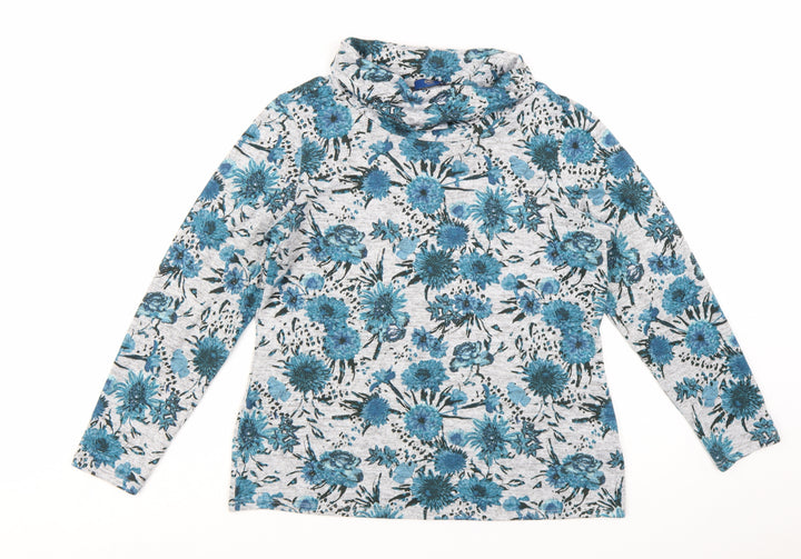 Cotton Traders Women Blue Floral Roll Neck Long Sleeve Top Size 14