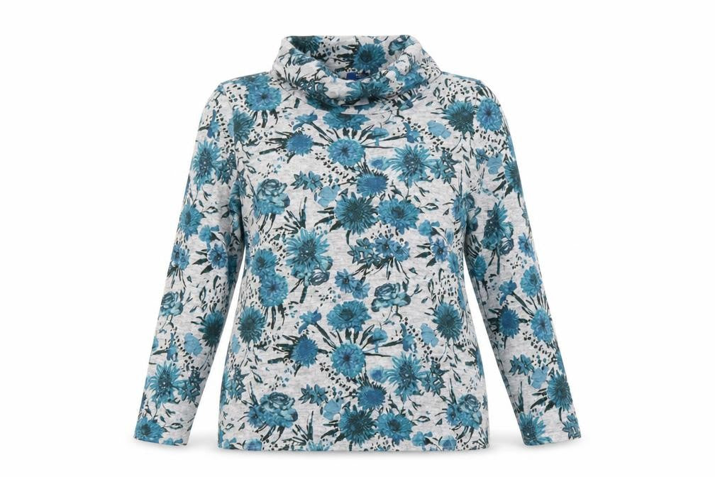 Cotton Traders Women Blue Floral Roll Neck Long Sleeve Top Size 14