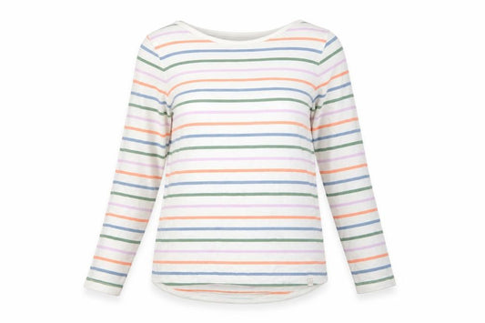 Front view of FatFace women’s multicoloured striped cotton long sleeve t-shirt, size UK 10