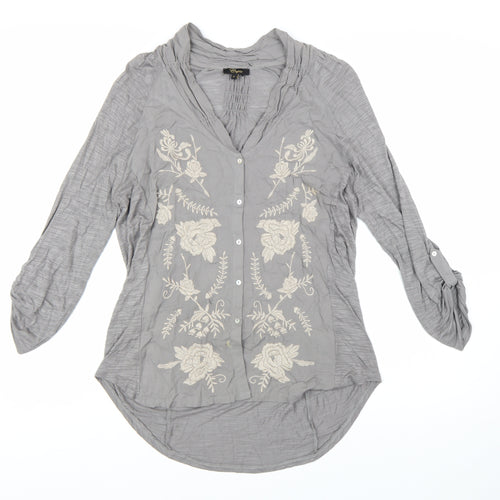 Cupio Womens Grey Embroidered Tunic Blouse Size L 3/4 Sleeve