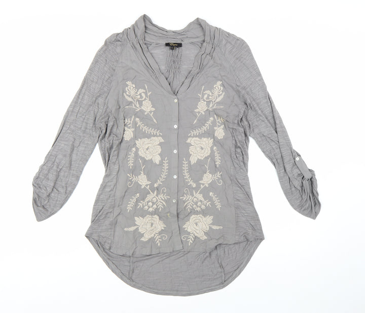 Cupio Womens Grey Embroidered Tunic Blouse Size L 3/4 Sleeve