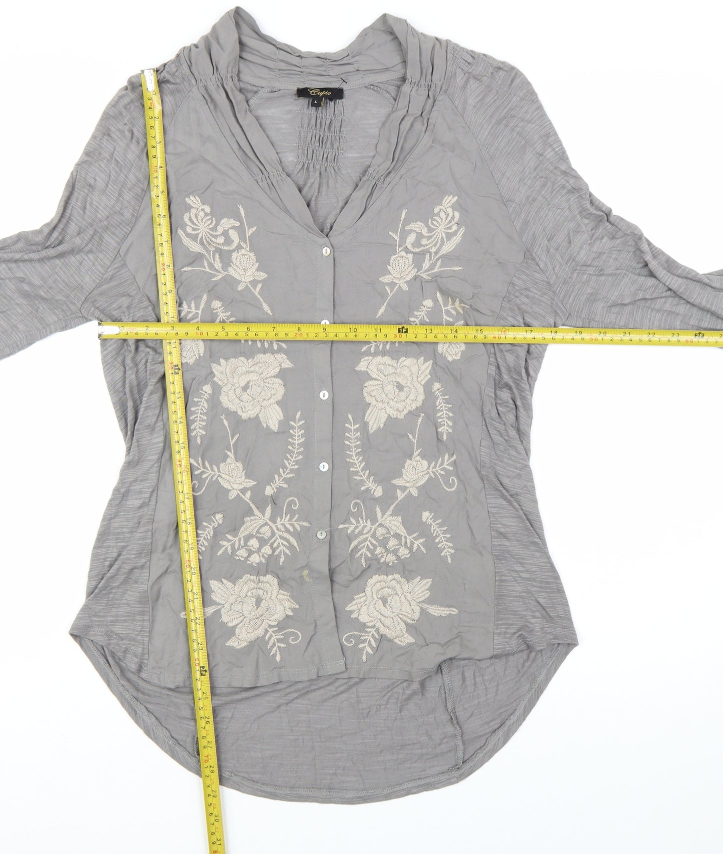 Cupio Womens Grey Embroidered Tunic Blouse Size L 3/4 Sleeve
