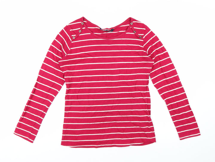 Denim Jeans & Casuals Women Red Striped Cotton Boat Neck Long Sleeve Top M