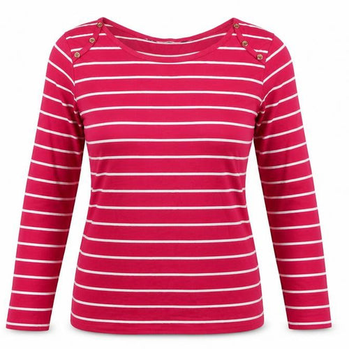 Denim Jeans & Casuals Women Red Striped Cotton Boat Neck Long Sleeve Top M