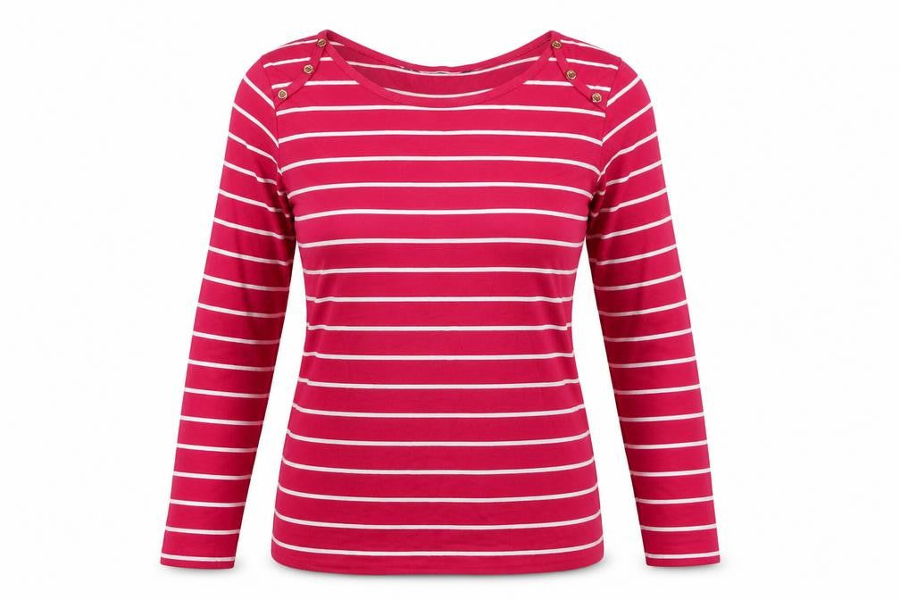 Denim Jeans & Casuals Women Red Striped Cotton Boat Neck Long Sleeve Top M