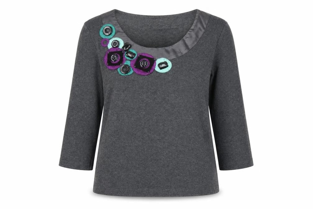 Front view of Country Casuals Petite Grey Embellished Scoop Neck 3/4 Sleeve Tunic Blouse, size S