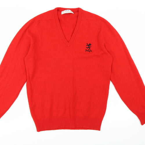 Pringle Men's Red Wool V-Neck Jumper Size M Classic Knitwear