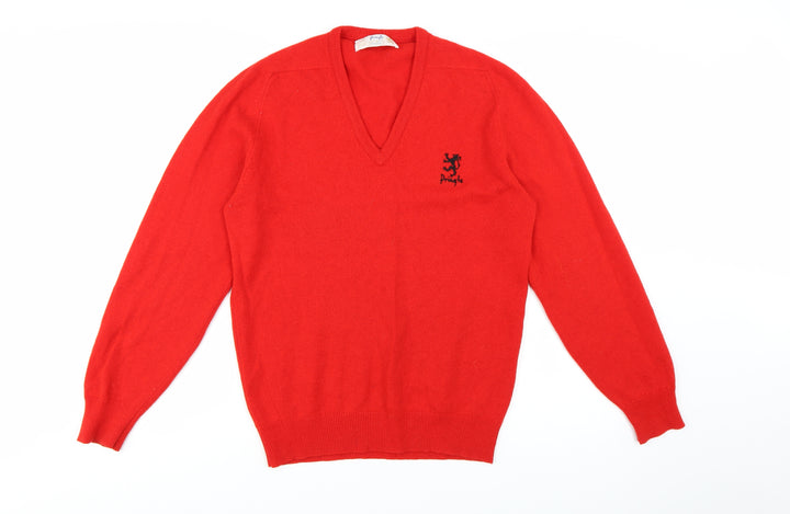 Pringle Men's Red Wool V-Neck Jumper Size M Classic Knitwear