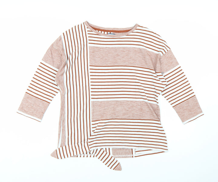 DASH Women's Brown Striped 3/4 Sleeve Cotton Blend Top Size 10