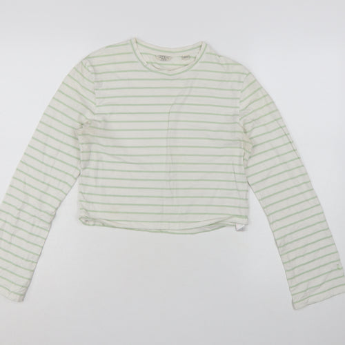 Jack Wills Womens White Green Striped Cropped Long Sleeve T-Shirt UK 14