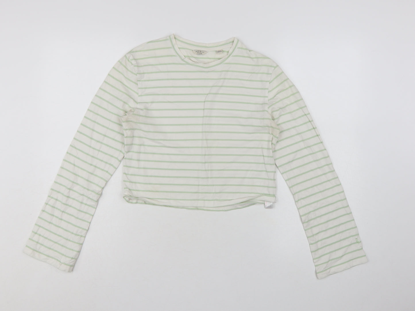 Jack Wills Womens White Green Striped Cropped Long Sleeve T-Shirt UK 14