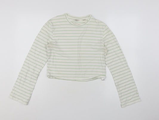 Jack Wills Womens White Green Striped Cropped Long Sleeve T-Shirt UK 14